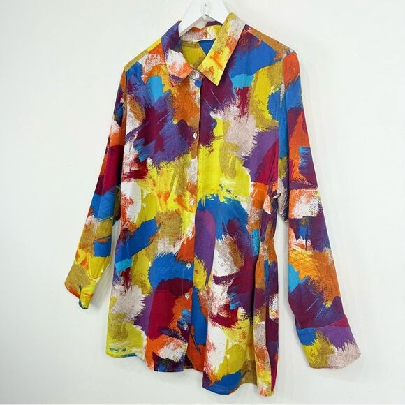 Soft Surroundings Painters Palette Colorful Abstract 100% Long Sleeve Button Up - Picture 5 of 16